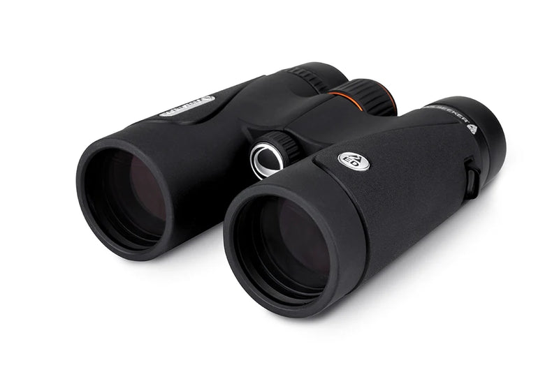 Celestron TrailSeeker ED 10x42 roof binoculars with black body and textured grip, ready for outdoor wildlife viewing.