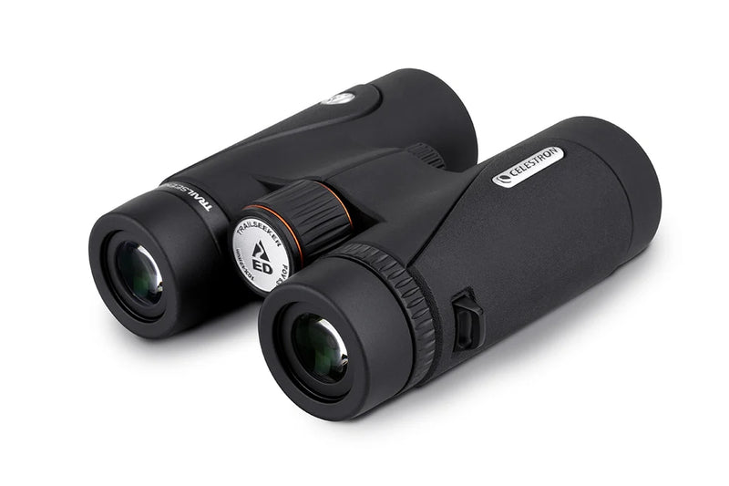 Celestron TrailSeeker ED 10x42 roof binoculars with textured black body and zoom eyepieces for outdoor wildlife viewing.