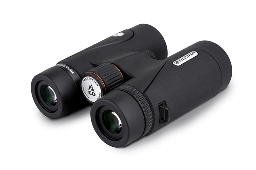 Celestron TrailSeeker ED 10x42 roof binoculars with textured black body and zoom eyepieces for outdoor wildlife viewing.