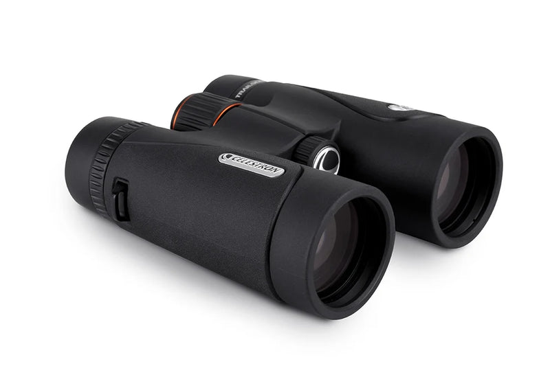 Celestron TrailSeeker ED 10x42 roof binoculars showing the sleek black body and large objective lenses for outdoor wildlife viewing.