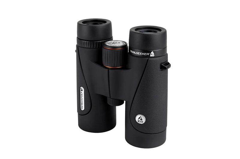 Celestron TrailSeeker ED 10x42 roof binoculars with black body and textured grip, suitable for outdoor wildlife viewing.