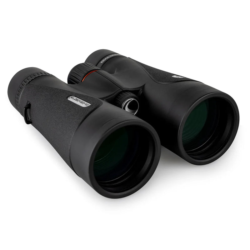 Celestron TrailSeeker ED 10x50 roof binoculars showing black rubber-coated body and large objective lenses for enhanced outdoor viewing.