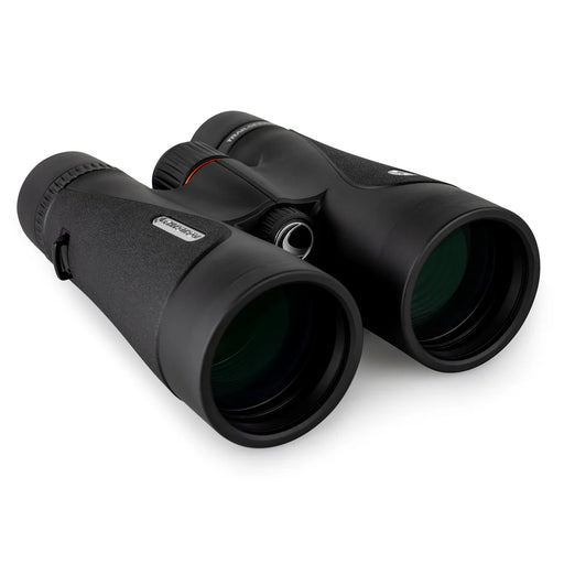 Celestron TrailSeeker ED 10x50 roof binoculars showing black rubber-coated body and large objective lenses for enhanced outdoor viewing.