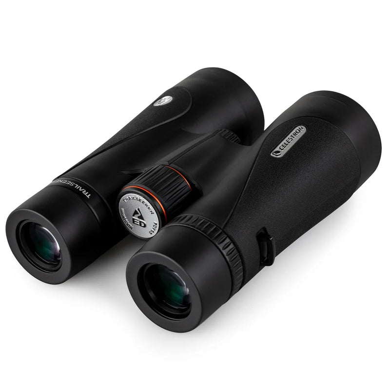 Celestron TrailSeeker ED 10x50 roof binoculars with black rubber armor and large objective lenses for outdoor wildlife viewing.