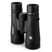 Celestron TrailSeeker ED 10x50 roof binoculars with black body, large objective lenses, and ergonomic design for outdoor viewing.