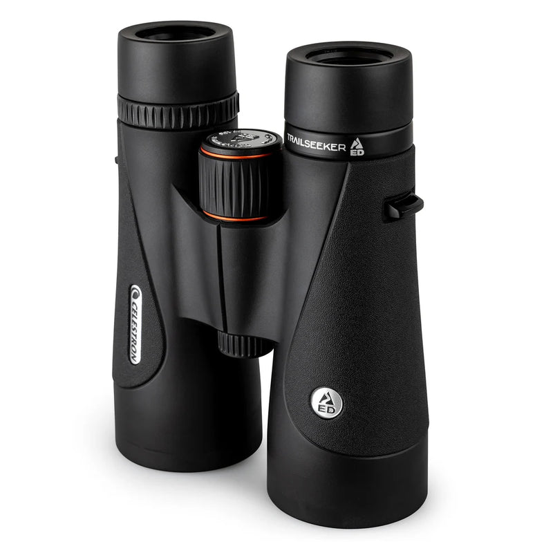 Celestron TrailSeeker ED 10x50 roof binoculars with black body, large objective lenses, and ergonomic design for outdoor viewing.