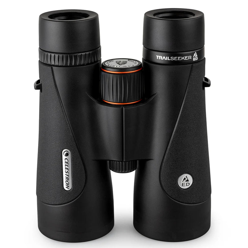 Celestron TrailSeeker ED 10x50 roof binoculars with large lenses and ergonomic design for outdoor wildlife viewing and birdwatching.