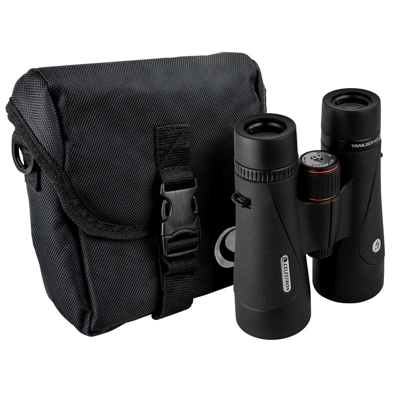 Celestron TrailSeeker ED 10x50 roof binoculars showing the black body and large objective lenses for outdoor wildlife observation
