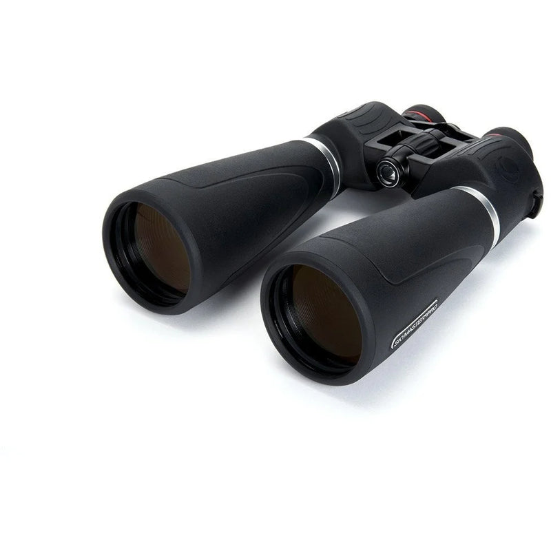 Celestron SkyMaster Pro 15x70 Porro binoculars showing large objective lenses and ergonomic design for astronomical viewing.