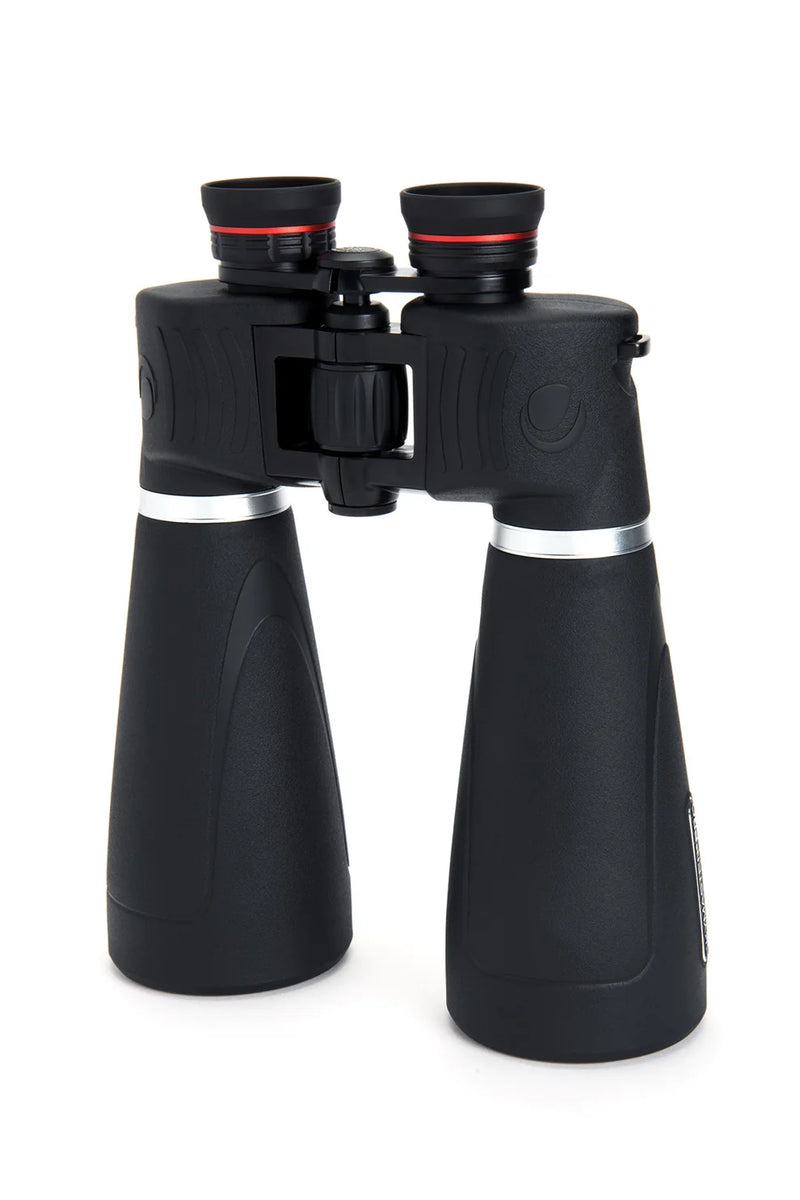 Celestron SkyMaster Pro 15x70 Porro binoculars showing large objective lenses and sturdy body for astronomical viewing.