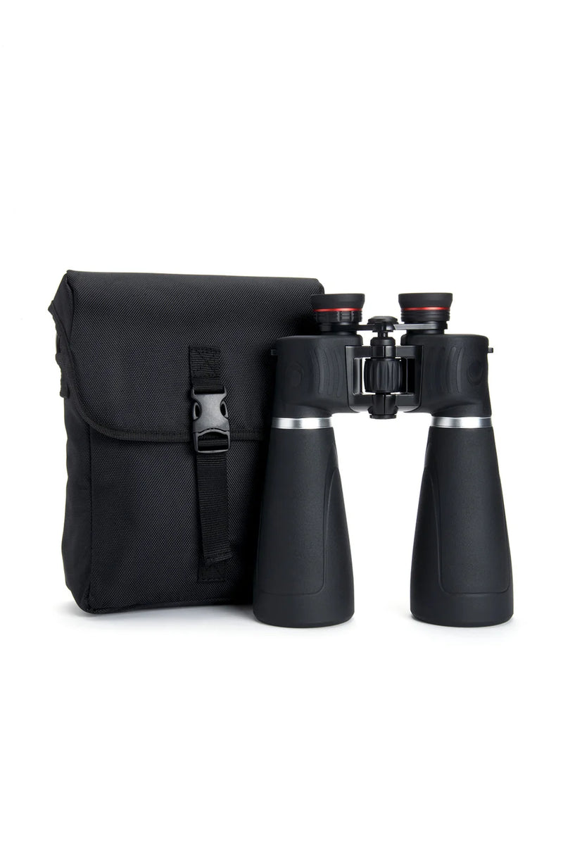 Celestron SkyMaster Pro 15x70 Porro binoculars showing large objective lenses and ergonomic design for astronomical viewing.