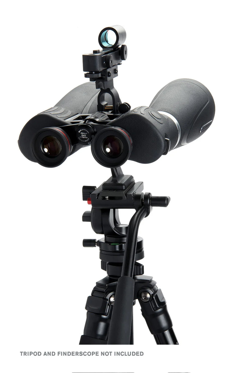 Celestron SkyMaster Pro 15x70 Porro binoculars showing large objective lenses and detailed optical design for astronomy viewing.