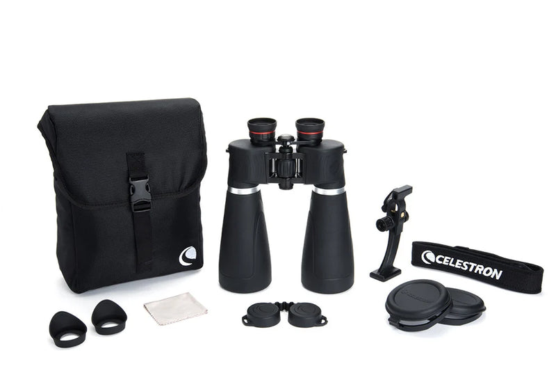 Celestron SkyMaster Pro 15x70 Porro binoculars showing large objective lenses and detailed optical design.