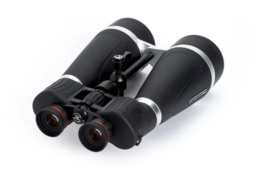 Celestron SkyMaster Pro 20x80 Porro binoculars showing large objective lenses and adjustable focus, ideal for celestial viewing.