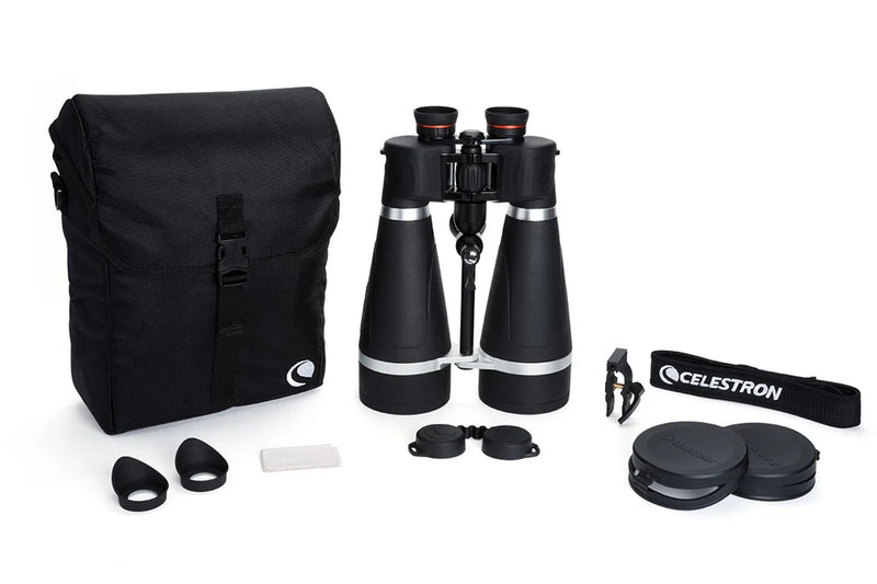 Celestron SkyMaster Pro 20x80 Porro binoculars showing large objective lenses and detailed optical design.