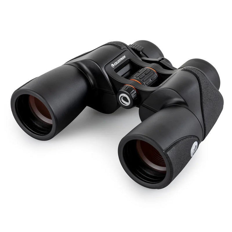 Celestron SkyMaster Pro ED 7x50 Porro binoculars showing large objective lenses and textured focus wheel.