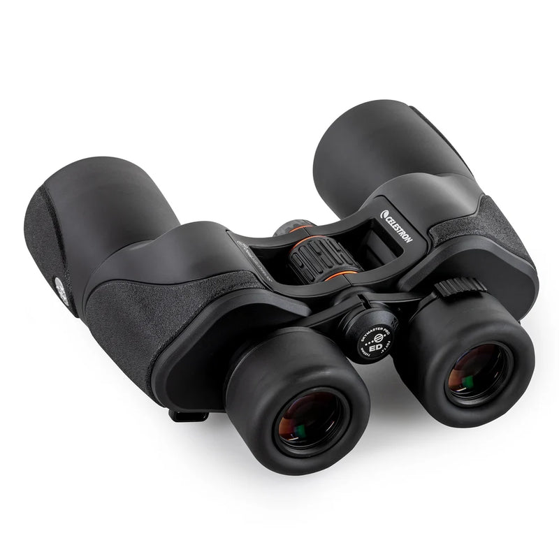 Celestron SkyMaster Pro ED 7x50 Porro binoculars with large lenses, black rubber-armored body, and focusing wheel for clear distant viewing