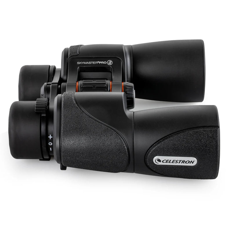 Celestron SkyMaster Pro ED 7x50 Porro binoculars showing large lenses and rugged design for astronomical and terrestrial viewing.