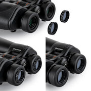 Celestron SkyMaster Pro ED 7x50 Porro binoculars showing large objective lenses and focus wheel, ideal for astronomy and nature viewing.