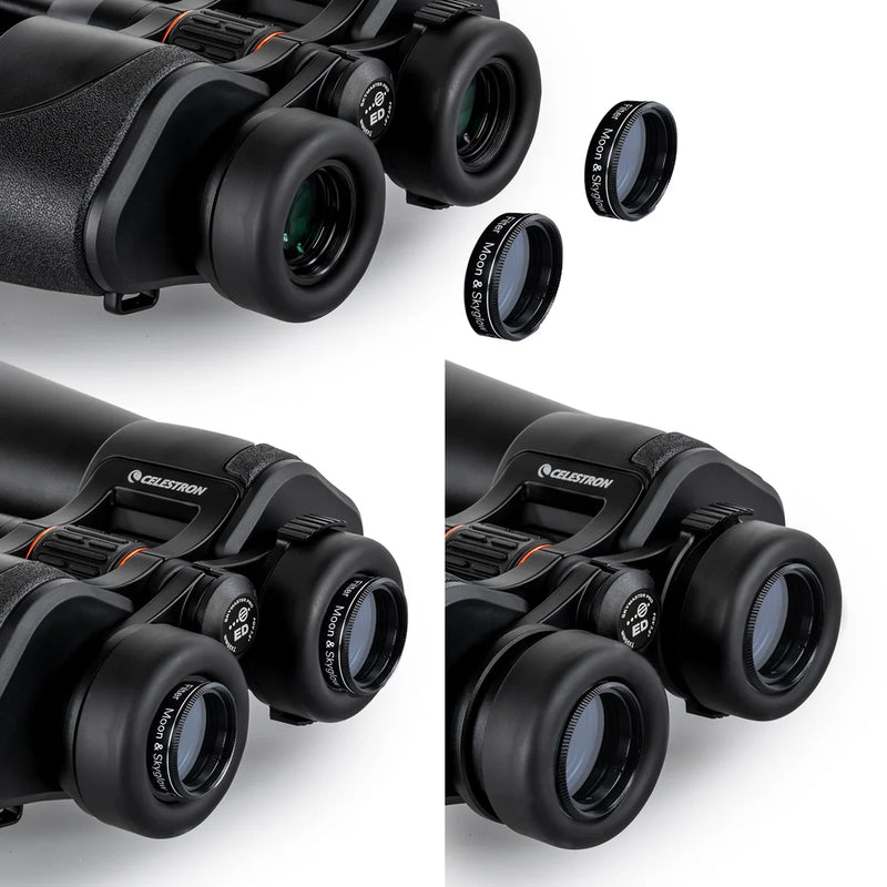 Celestron SkyMaster Pro ED 7x50 Porro binoculars showing large objective lenses and focus wheel, ideal for astronomy and nature viewing.