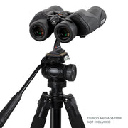 Celestron SkyMaster Pro ED 7x50 Porro binoculars showing large objective lenses and textured focus wheel for astronomical viewing
