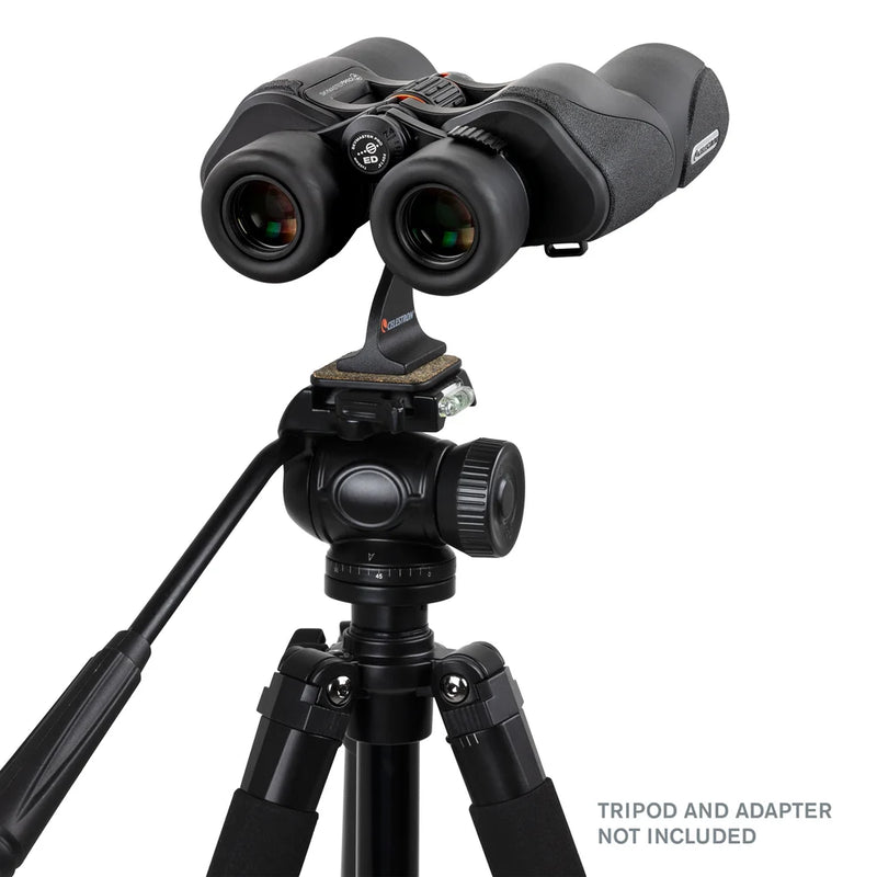 Celestron SkyMaster Pro ED 7x50 Porro binoculars showing large objective lenses and textured focus wheel for astronomical viewing