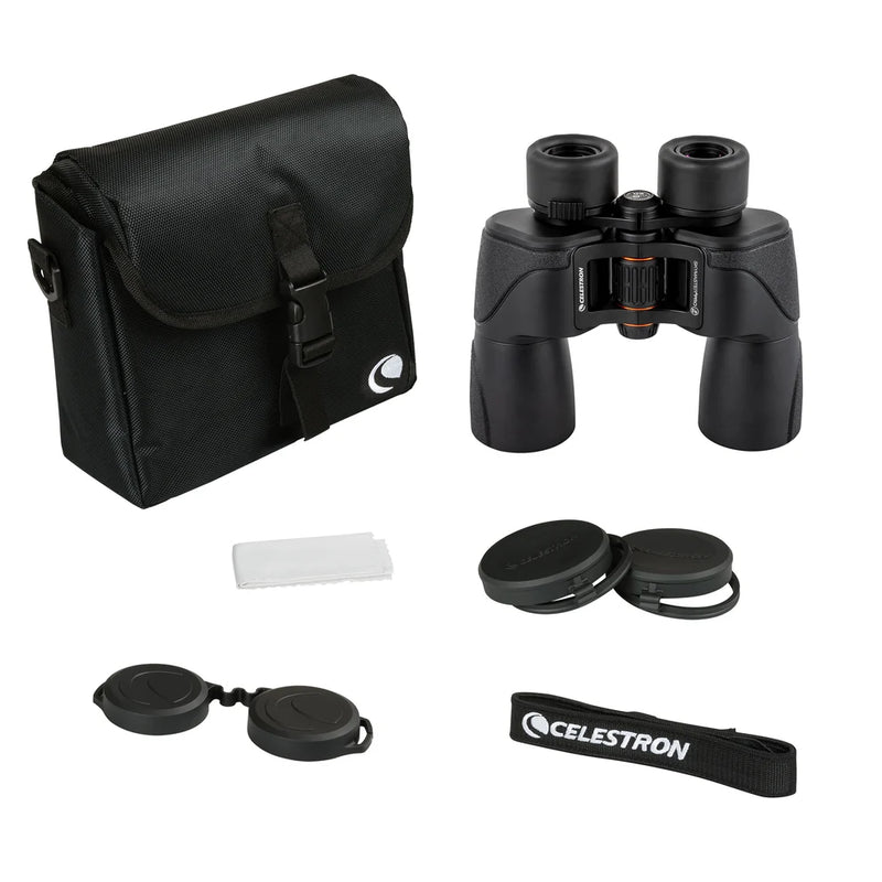 Celestron SkyMaster Pro ED 7x50 Porro binoculars showing large objective lenses and textured focusing wheel.