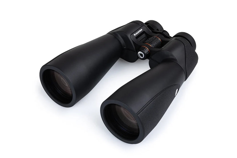 Celestron SkyMaster Pro ED 15x70 Porro binoculars showing large objective lenses and durable rubber armor for outdoor astronomy use.