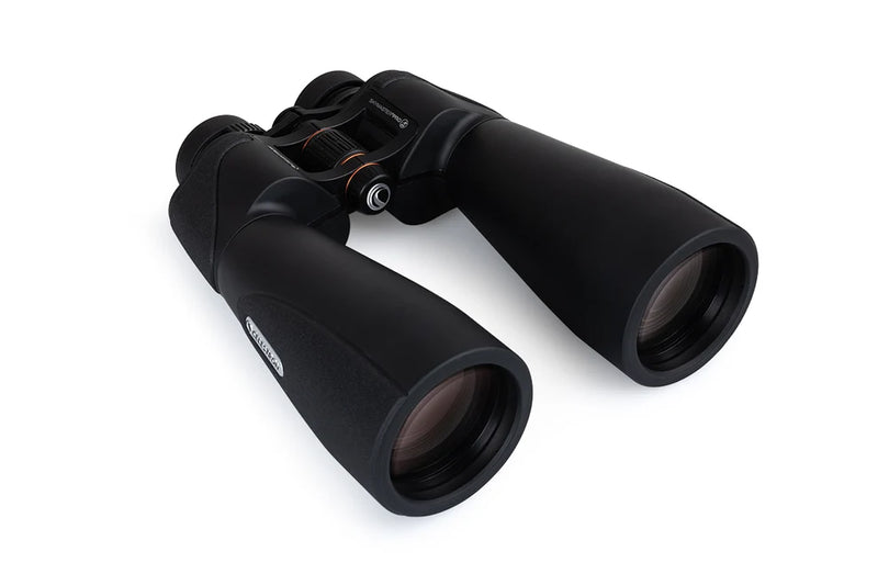 Celestron SkyMaster Pro ED 15x70 Porro binoculars showing large objective lenses and durable black body for astronomy viewing
