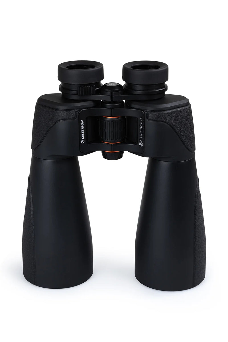 Celestron SkyMaster Pro ED 15x70 Porro binoculars showing large objective lenses and sturdy body for celestial viewing.