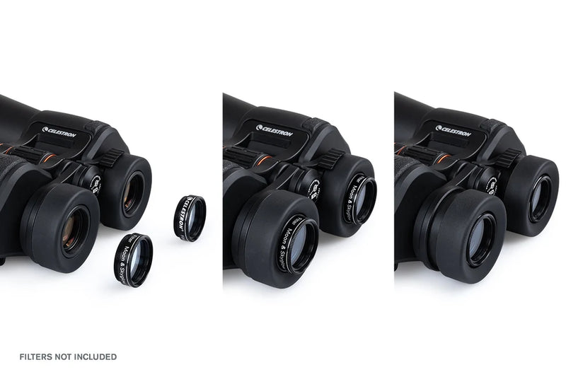 Celestron SkyMaster Pro ED 15x70 Porro binoculars with large lenses and detailed optical design for astronomical viewing.