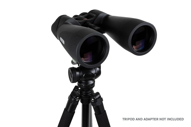 Celestron SkyMaster Pro ED 15x70 Porro binoculars showing large objective lenses and durable black body with focus wheel.
