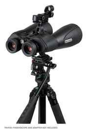Celestron SkyMaster Pro ED 15x70 Porro binoculars showing large lens barrels and textured focus wheel for detailed astronomical viewing.