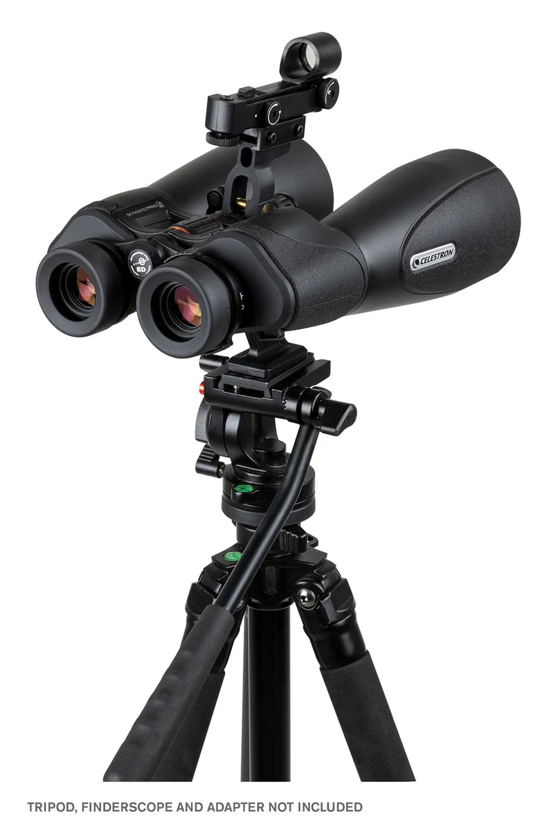 Celestron SkyMaster Pro ED 15x70 Porro binoculars showing large lens barrels and textured focus wheel for detailed astronomical viewing.