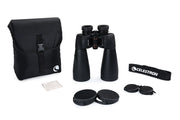 Celestron SkyMaster Pro ED 15x70 Porro binoculars with large objective lenses and sturdy design for astronomical viewing.