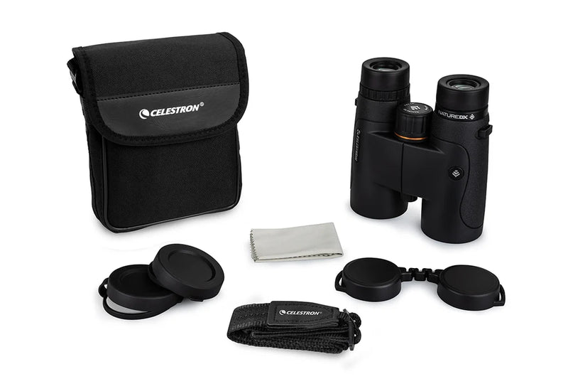 Celestron Nature DX 8x42 roof binoculars with black body and textured grip, ideal for outdoor wildlife viewing.