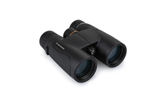 Celestron Nature DX black 10x42 roof binoculars with textured grip and large objective lenses for outdoor wildlife viewing.