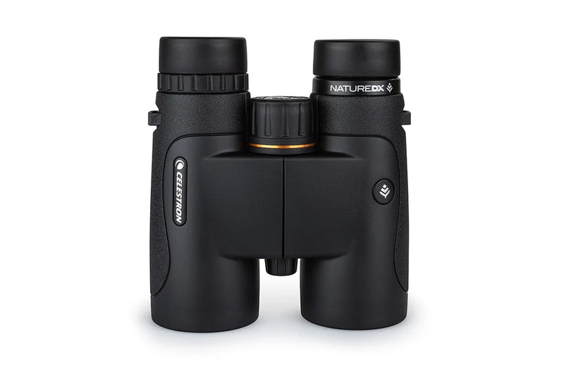Celestron Nature DX Black 10x42 roof binoculars with textured grip and large eyepieces for outdoor wildlife observation.