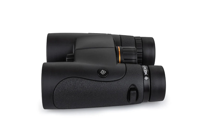 Celestron Nature DX 10x42 roof binoculars with black body and large objective lenses for outdoor wildlife viewing.