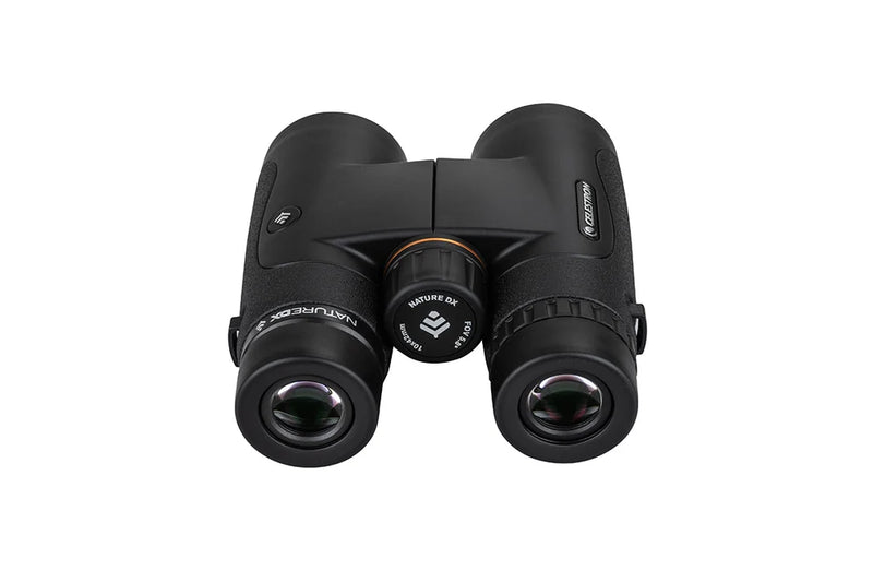 Celestron Nature DX 10x42 black roof binoculars with textured grip and large objective lenses for outdoor wildlife viewing.