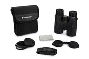 Celestron Nature DX Black 10x42 roof binoculars with large lenses and ergonomic design for outdoor bird watching and nature viewing.