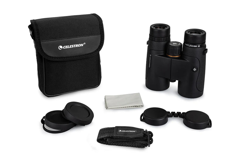Celestron Nature DX Black 10x42 roof binoculars with large lenses and ergonomic design for outdoor bird watching and nature viewing.
