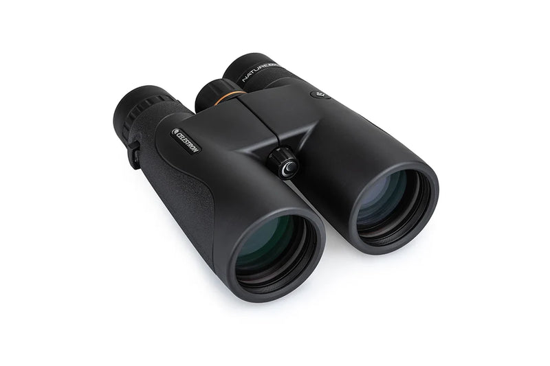Celestron Nature DX black 10x50 roof binoculars showing the binoculars with textured black body and large objective lenses