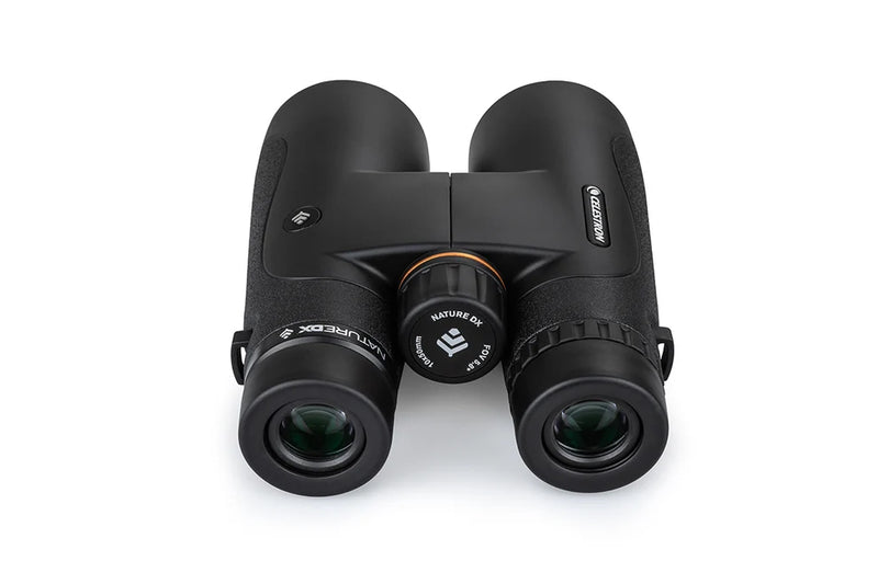 Celestron Nature DX Black 10x50 roof binoculars with large eyepieces and durable design for outdoor wildlife observation.