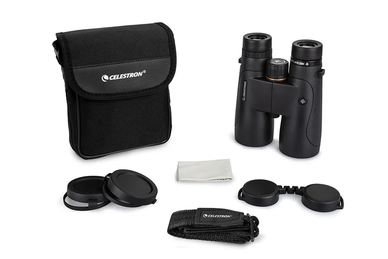 Celestron Nature DX black 10x50 roof binoculars with large lenses and ergonomic design, suitable for outdoor wildlife viewing.