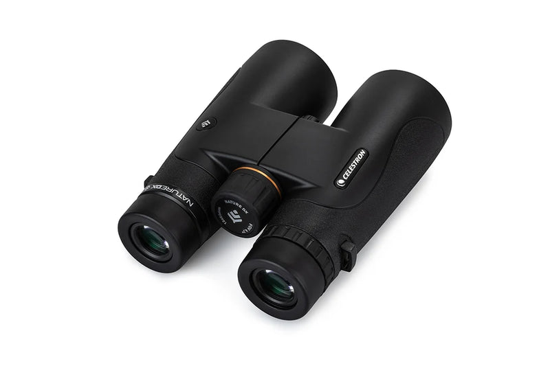 Celestron Nature DX 12x50 black roof binoculars with large lenses and ergonomic design for outdoor wildlife viewing.