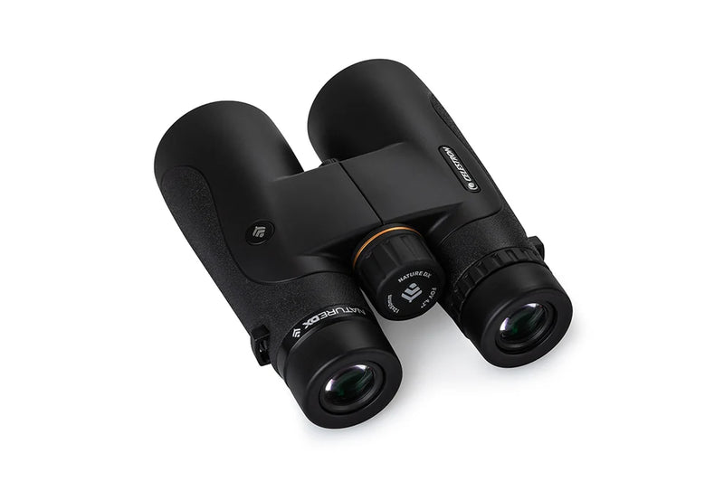 Celestron Nature DX 12x50 roof binoculars with black body, featuring large objective lenses and ergonomic design for outdoor viewing.