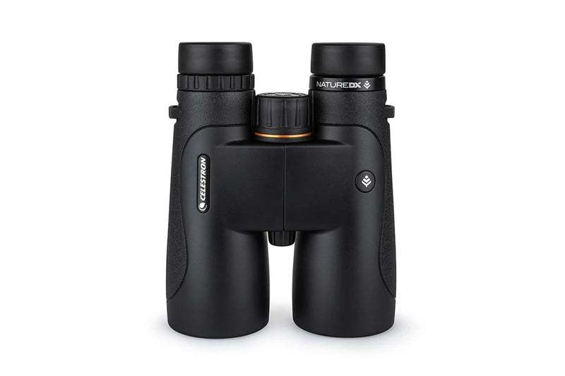 Celestron Nature DX black 12x50 roof binoculars with large objective lenses and ergonomic design for outdoor wildlife viewing.
