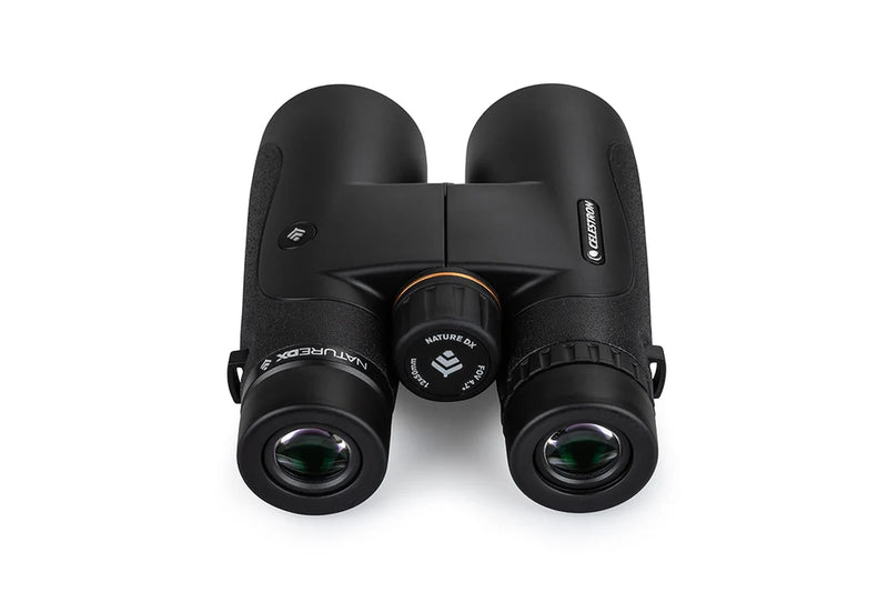 Celestron Nature DX 12x50 roof binoculars with black rubber armor, large objective lenses, and ergonomic design for wildlife viewing.