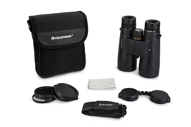 Celestron Nature DX 12x50 roof binoculars with black body, featuring large objective lenses and ergonomic design for outdoor viewing.